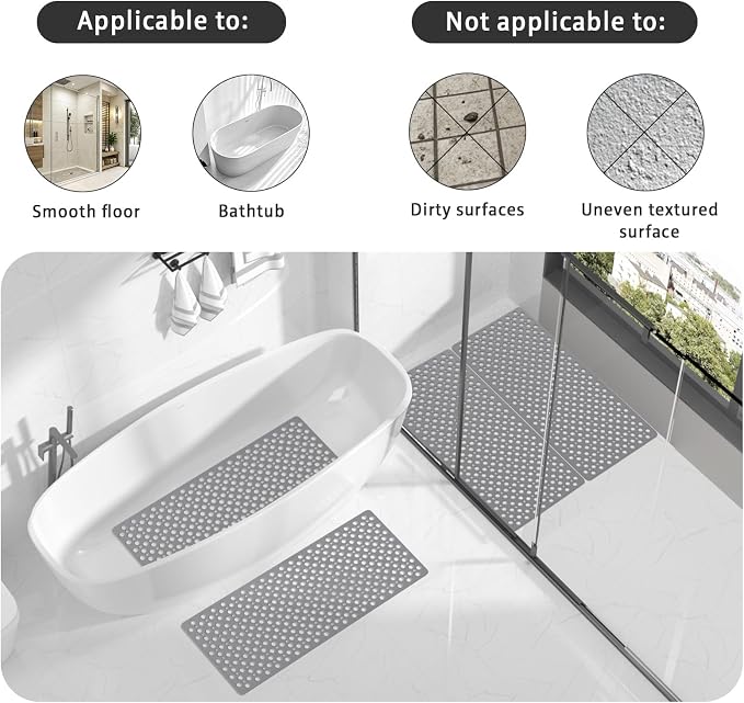XIYUNTE Shower Mat Non Slip Bath Mat for Tub - 35" x 16" Soft TPE Bathtub Mat Non Slip Shower Mats for Inside Shower, Anti Slip Shower Mat with Suction Cups, Quick-Drying Bath Tub Mat, Grey
