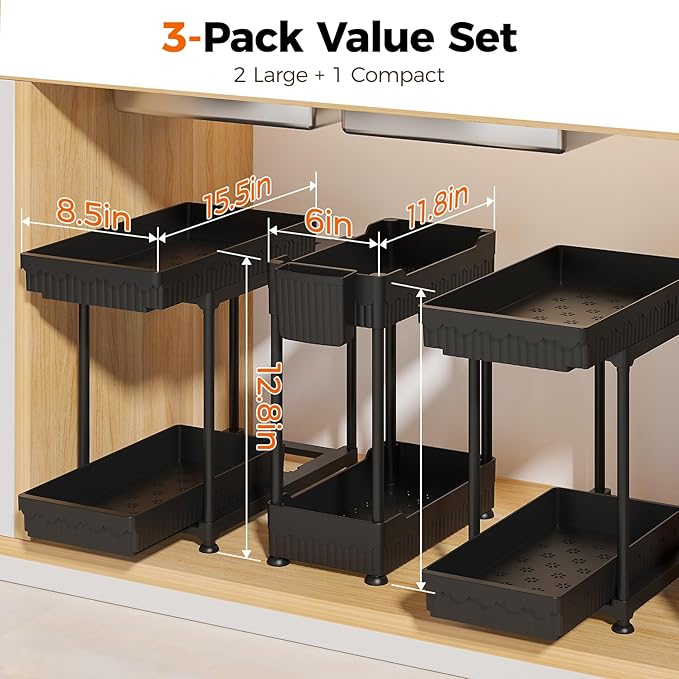 Sevenblue 3 Pack Under Sink Organizer, 2 Tier Pull Out Bathroom Cabinet Organizer, Multi-Purpose Storage Shelf for Kitchen (2-Tier Sliding, 12.8 Inch)