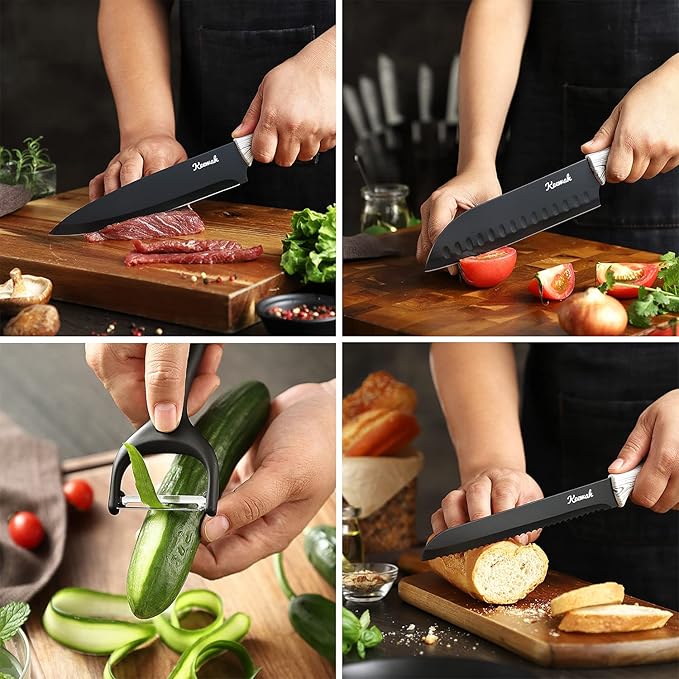 Keewah 19 Pieces Kitchen Knife Set, 15 Stainless Steel Knives with Wood Texture Handle, Acrylic Stand, Scissors, Peeler and Knife Sharpener