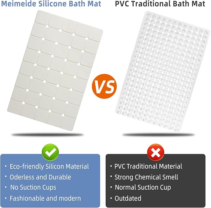 Bathtub Mat Non Slip Silicone Soft Odorless Bath Mat No Suction Cups for Refinished,Reglazed and Textured Surface Tub Shower Mats Non-Slip 18 X 28 Inch Beige
