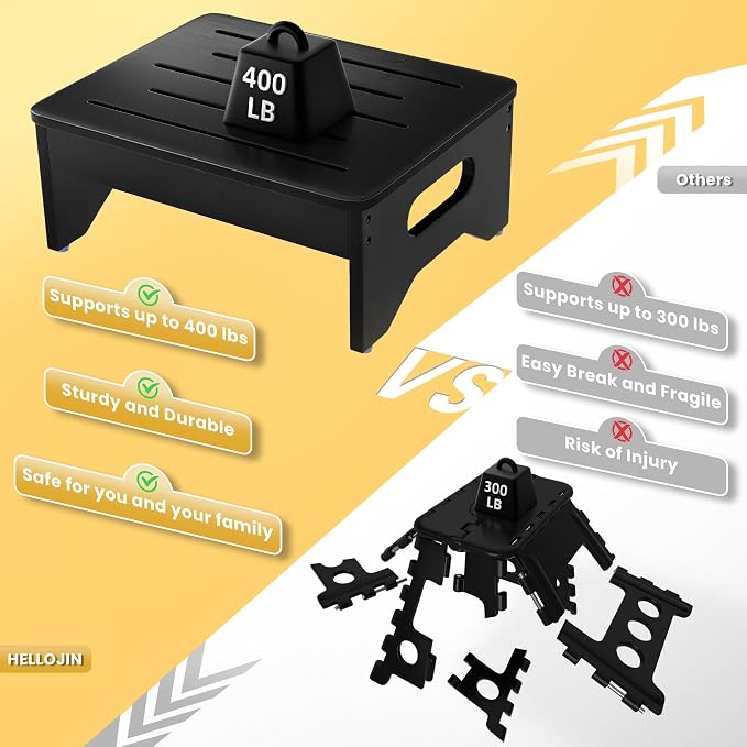 Wooden Step Stool for Adults & Kids, Non-Slip Rubber Feet, 6.5 INCH High, Lightweight Small Step, 450 LBS Capacity, Bed Step Stool for High Bed, Bathroom & Kitchen (Black)