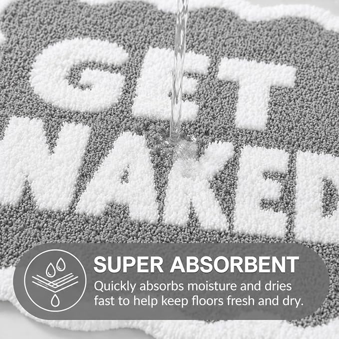 Scalloped Grey Bath Rug, Get Naked Cute Bathroom Rug, Soft Absorbent Quick Dry Bath Mat, TPR Non Slip Backing, Microfiber Mat for Shower Tub Sink Vanity 20" x 31.5"