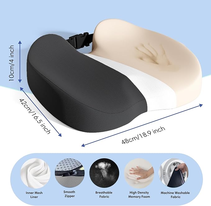 Large Memory Foam Seat Cushion for Office Chair, Car, Truck & Wheelchair - Sciatica Ease, Coccyx & Tailbone Pain Relief Cushion for Long Sitting & Driving