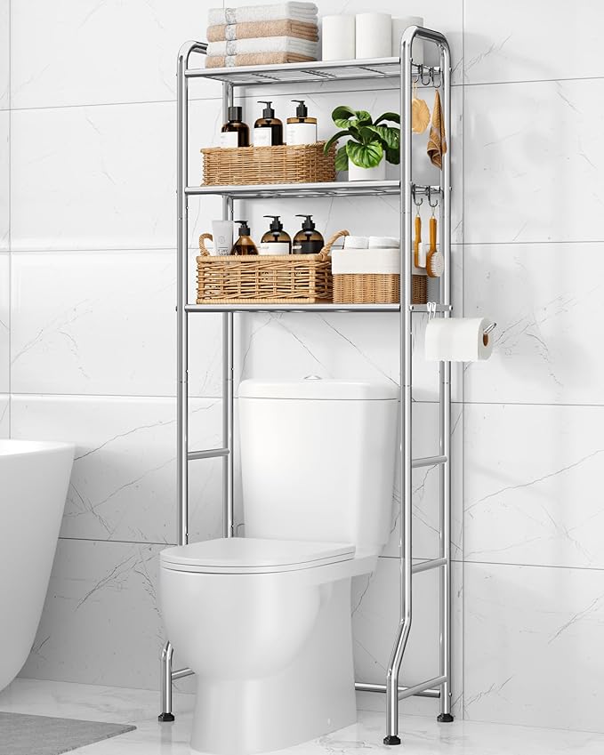 Kitsure Over Toilet Storage Rack - Metal Over Toilet Bathroom Organizer Shelf, Over the Toilet Storage Cabinet with Paper Holder and Hooks, Bathroom Cabinet for Laundry, Silver, 3 Tiers (63.2" H)