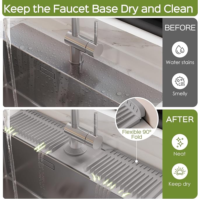24 Inch Silicone Faucet Mat for Kitchen Sink Splash Guard – 2025 Upgraded Draining Mat with Water Tray Behind Faucet – Countertop Protectors to Catch Spills (Gray, 24" x 5.5" )