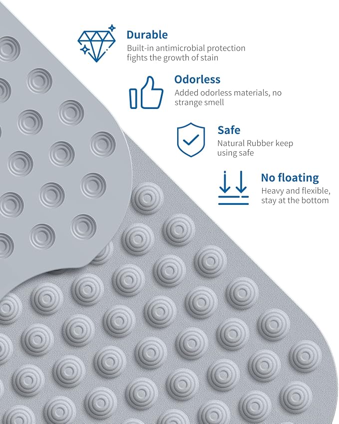 Bligli Bathtub Mat Non-Slip Without Suction Cups, 39x16inch Extra Long Bath Mats for Shower Bathroom, Machine Washable Natural Rubber Shower Tub Mat (39x16inch, Gray)