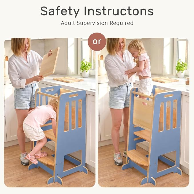 WINGYZ Toddler Tower - Anti-Tip Natural Wood Learning Stool for Kids 18M-6Y, 150lb Capacity Kitchen Stool with 3-Height Adjustable Platform and Sliding Door Access, 20lb Portable Design, Blue