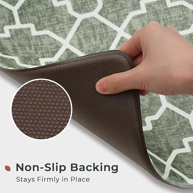 FRESHMINT Kitchen Mat Set of 2, Anti-Fatigue Cushioned Kitchen Mats for Floor, Waterproof Non Slip Comfort Standing Mat, Boho Kitchen Rug for Kitchen Decor, Sink, Office, 17"x30"+17"x47", Sage Green