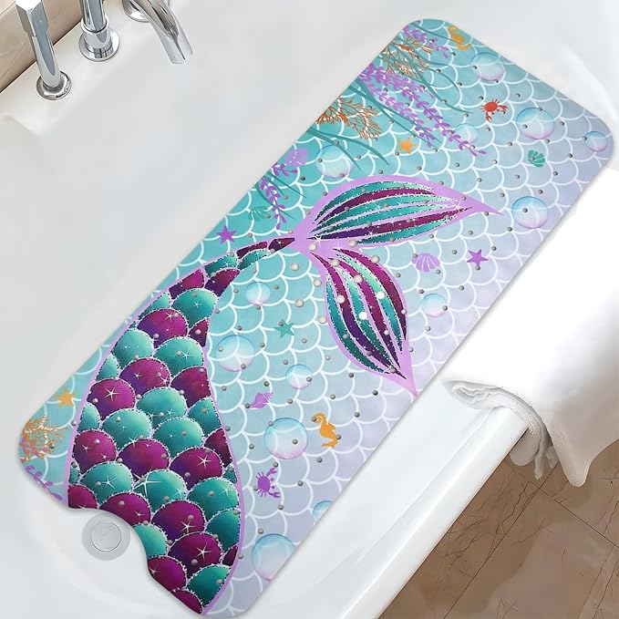 Mermaid Bathtub Mat Non Slip, Cute Baby Bath Mat for Tub Rubber Tub Mat, Kids Bath Mats for Bathroom Little Girls Anti Slip Shower Mat with Suction and Drain Holes Machine Washable, 40″X16″