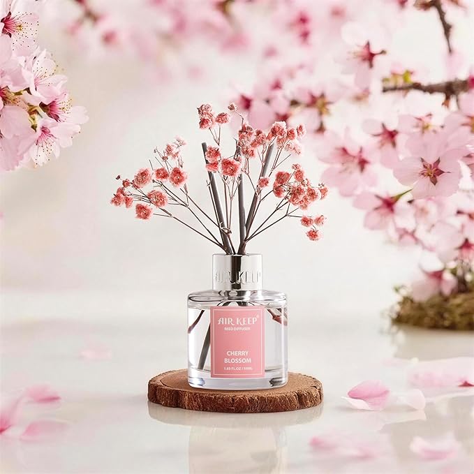 Airkeep Reed Diffuser Set,1.69 fl oz (50 ml) - Cherry Blossom Oil Diffusers with 8 Reed Sticks,Home Fragrance Reed Diffuser for Bathroom Shelf Decor