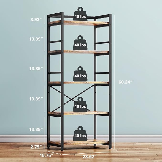 Denkee 5-Tier Bakers Rack for Kitchen with Storage, Industrial Microwave Stand Shelf, Coffee Bar for Small Spaces, Free Standing Kitchen Storage Shelf Rack, 23.7" L x 15.8" W x 60.3" H