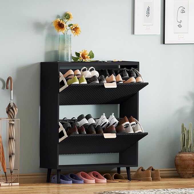 Shoe Cabinet Storage,Modern Freestanding Organizer with 2 Flip Drawers,Narrow Shoe Rack Cabinet for Entryway,Black