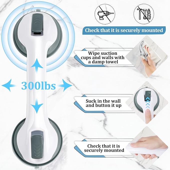 2-Pack Shower Handle Safety Grab Bars with Suction Cups for Bathtubs and Showers - Bathroom Rails Aid for Seniors, Elderly, Handicap - Wall & Bath Tub Toilet Support 12Inch