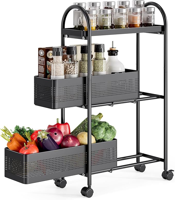 KINGRACK 3-Tier Slim Kitchen Storage Cart, Metal Utility Cart with Drawer, Rolling Trolley with Lockable Wheels, Easy Assembly Narrow Space Shelving for Kitchen Bathroom Laundry Room, Black