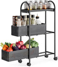 KINGRACK 3-Tier Slim Kitchen Storage Cart, Metal Utility Cart with Drawer, Rolling Trolley with Lockable Wheels, Easy Assembly Narrow Space Shelving for Kitchen Bathroom Laundry Room, Black