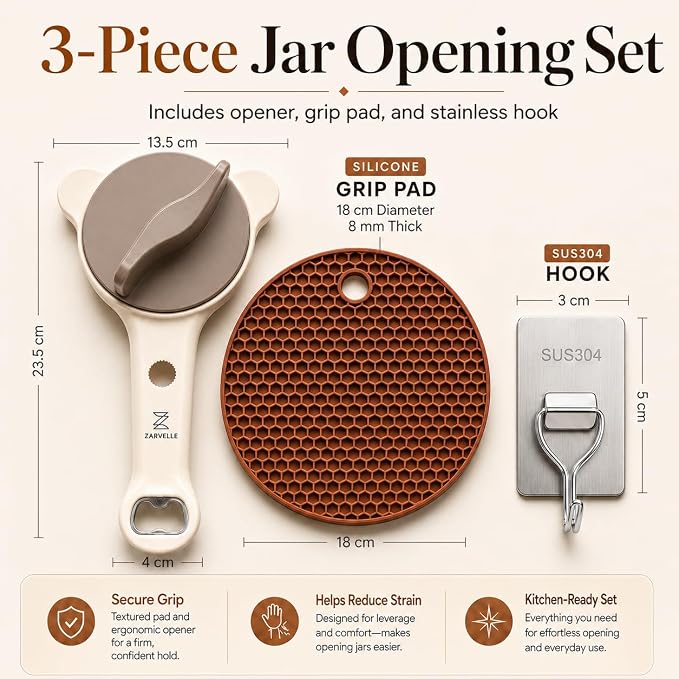 Jar Opener for Seniors with Arthritis, Easy Grip Adjustable Lid & Bottle Opener Set with Non-Slip Silicone Pad & Stainless Steel Hook, Beige