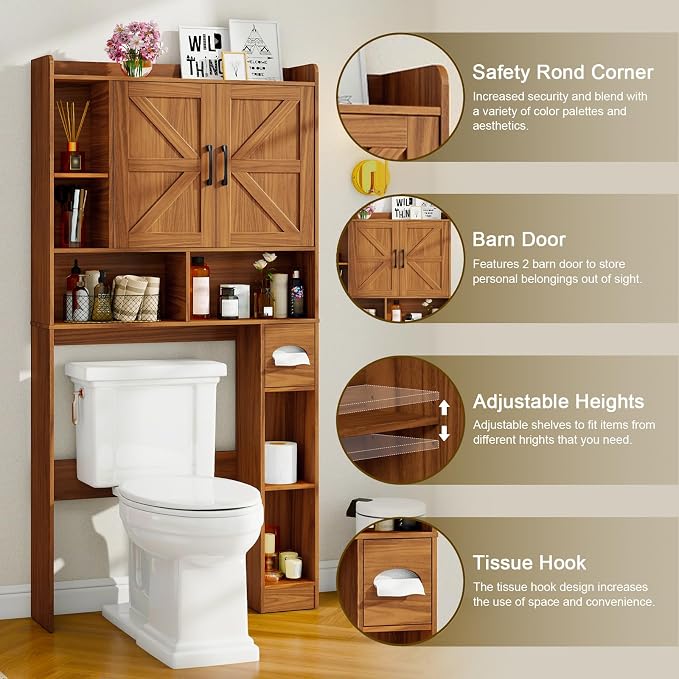 Vabches Over The Toilet Storage Cabinet, Farmhouse Storage Cabinet Over Toilet with 2 Barn Door & Toilet Paper Holder Stand，Home Space-Saving Toilet Rack, for Bathroom, Restroom, Laundry.Caramel