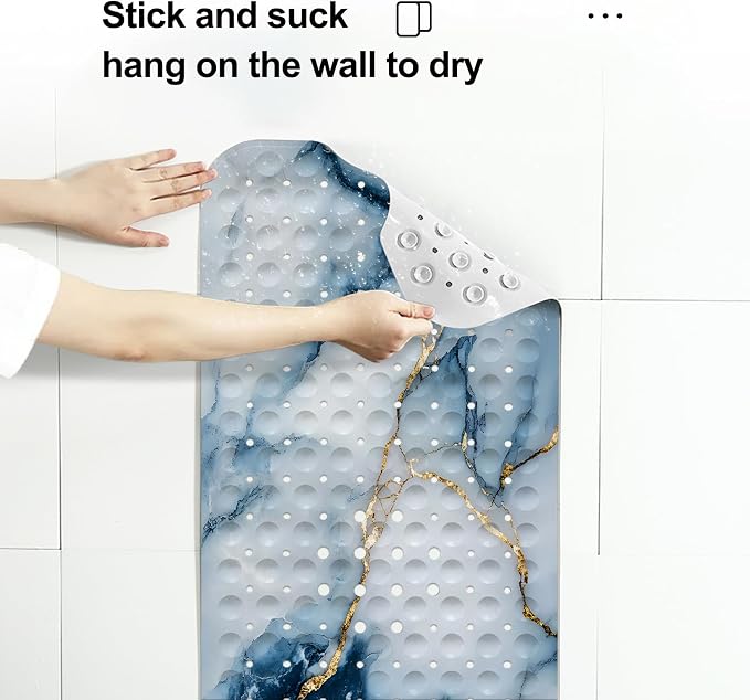 LNOND Marble Bath Tub Mat Non Slip, Extra Long 40 X 16 Inch Anti Slip Mat for Bathtub, Navy Blue Gold Marble Shower Mat with Drain Holes and Suction Cups, Machine Washable
