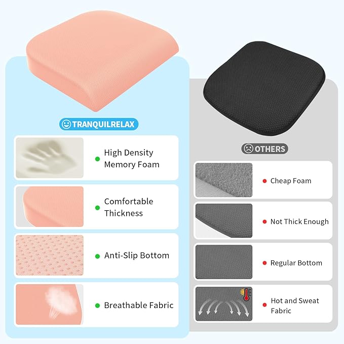TranquilRelax Large Seat Cushion, Memory Foam Cushion for Long Sitting Hours on Office Chair, Home & Car, Non-Slip Chair Pad for Relieving Back & Sciatica & Hip & Coccyx Pain (Pink)
