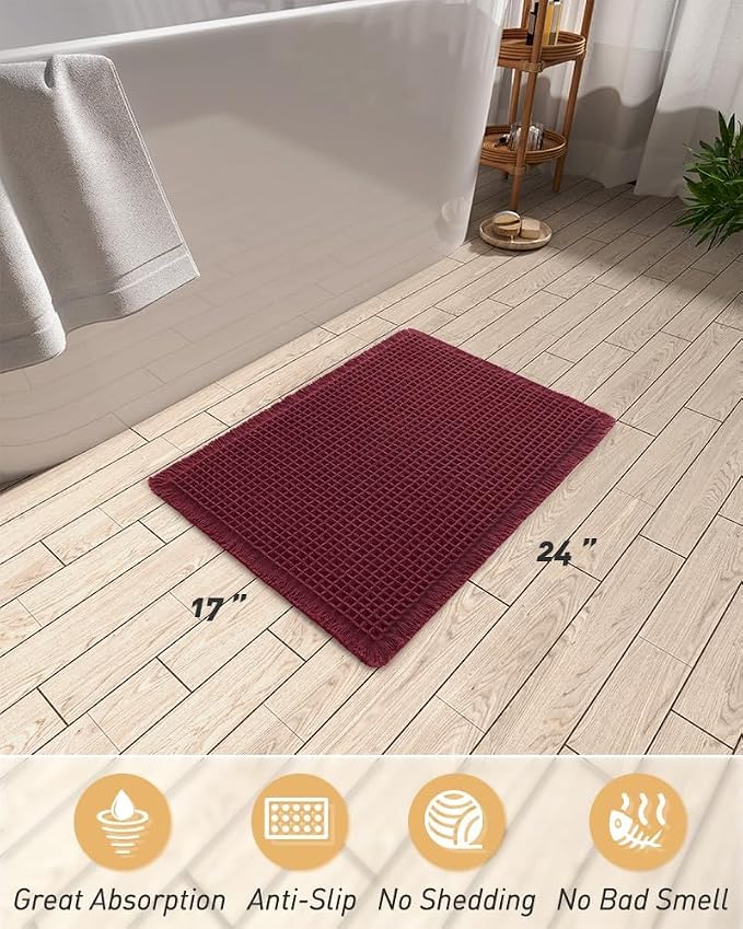 AMOAMI Upgraded Waffle Bath Mat, Super Absorbent Non Slip Bath Mats for Bathroom Floor, Washable Bathroom Rugs with Tassels, Rubber Backed Bathroom Mats, Ultra Soft, 17" x 24", Burgundy
