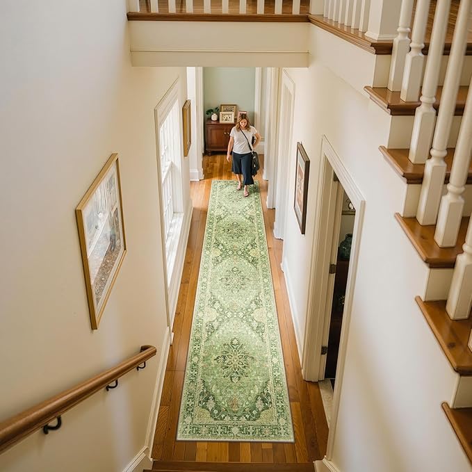 RELEANY Area Rugs Runner 2'x10' Washable Non-Slip, Floral Vintage Distress Medallion Carpet for Kitchen Hallway Bedroom Beside Laundry Room Bathroom, Sage Green Yellow