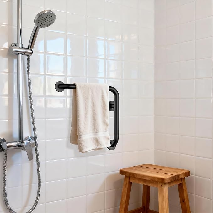 16 Inch Angled Grab Bar, iHansee Anti Slip L-Shaped Shower Grab Bar w/ 16 Inch Straight Bathroom Balance Bar, Knurled Stainless Steel Safety Handle for Seniors Elderly Injury Handicap, Matte Black
