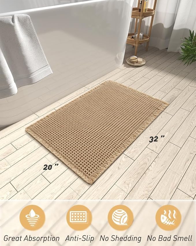 AMOAMI Upgraded Waffle Bath Mat, Super Absorbent Non Slip Bath Mats for Bathroom Floor, Washable Bathroom Rugs with Tassels, Rubber Backed Bathroom Mats, Ultra Soft, 20" x 32", Brown