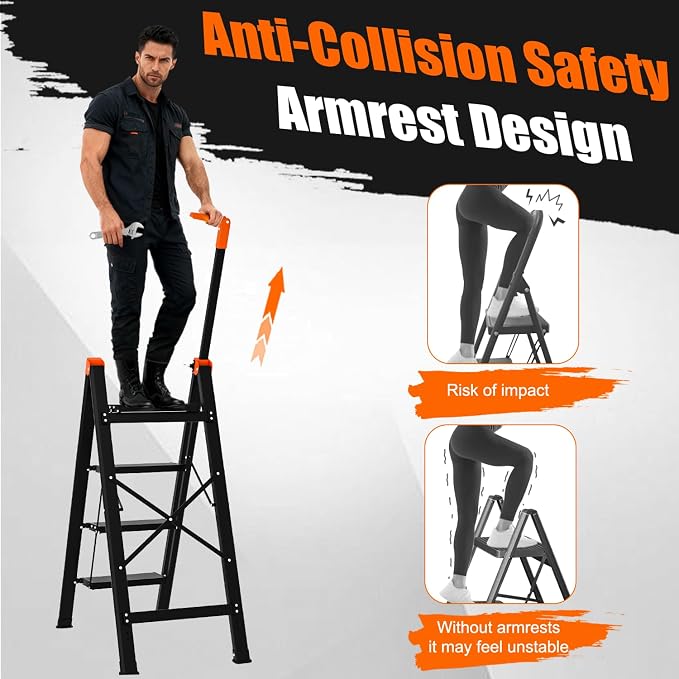 4 Step Ladder with Single-Handrail,Lightweight Aluminum 4 Step Ladder,600lbs Max Load Heavy Duty Step Stool for Kitchen,Home,Office