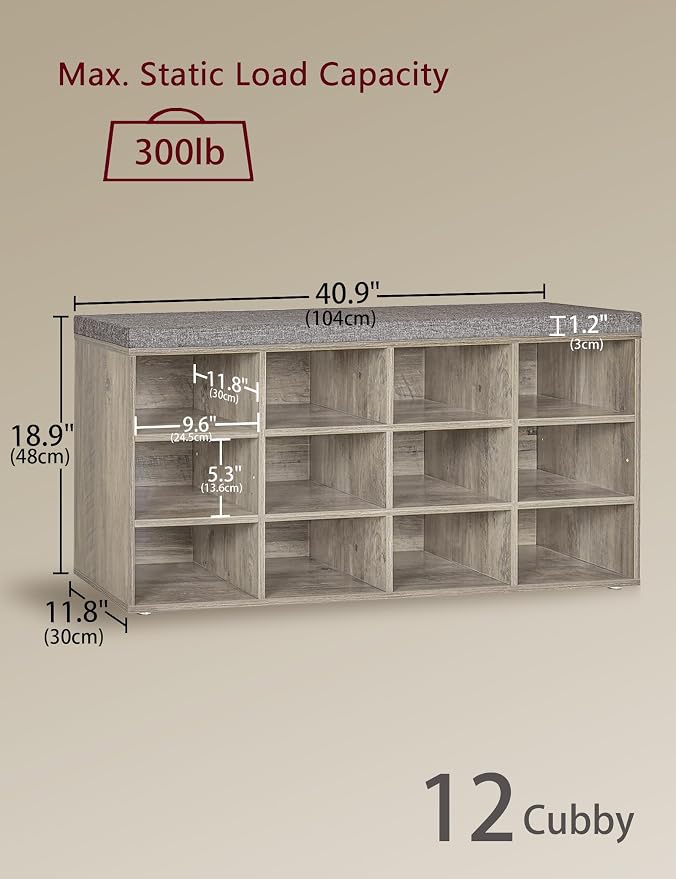DINZI LVJ Shoe Bench, 12 Cubbies Shoe Organizer for Entryway, Storage Bench with Cushion, Cubby Shoe Rack with Adjustable Shelves for Living Room, Bedroom, Mudroom, Hallway, Gray Wash