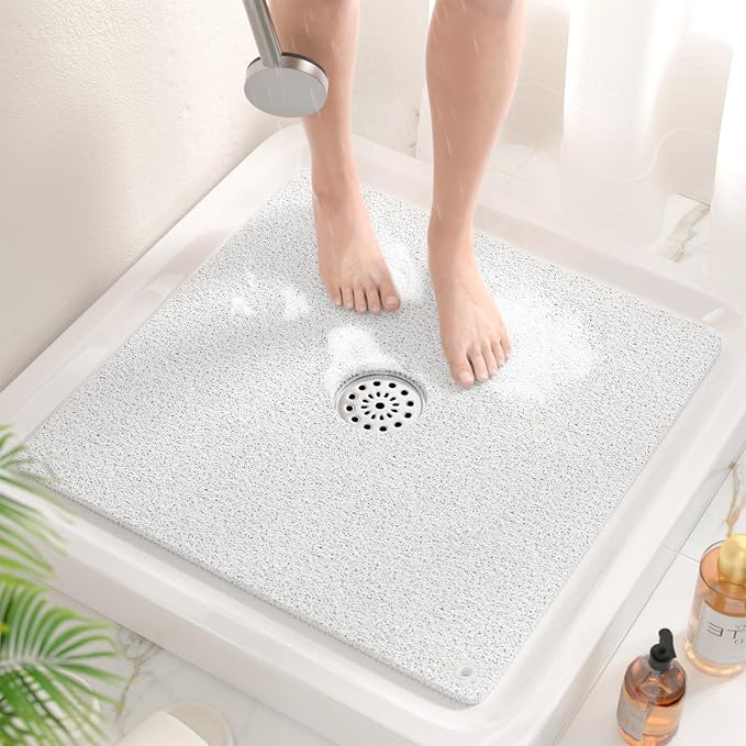 HITSLAM Non Slip Shower Mat for Textured Tub Floor, 21x21 Inch Square Loofah Bath Mat for Inside Shower Stall, Quick Drying, No Suction Cups, White