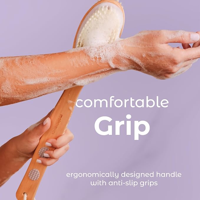 MainBasics Back Scrubber Shower Brush Long Handle Dual Sided Body Brush with Exfoliating Soft Bristles for Back Scrubbing Deep Cleaning and Body Wash (Lavender)