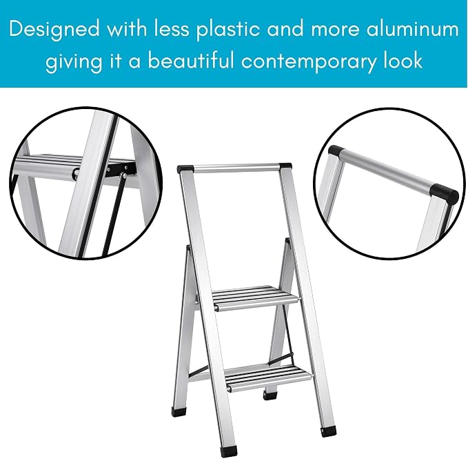 BIRDROCK HOME 2 Step Ladder | Folding Anti-Slip Step Stool, 250 lb Capacity | Lightweight, Slim & Sturdy Design for Household, Kitchen, Garage, Indoor & Outdoor Use | Collapsible, Portable, Heavy-Duty