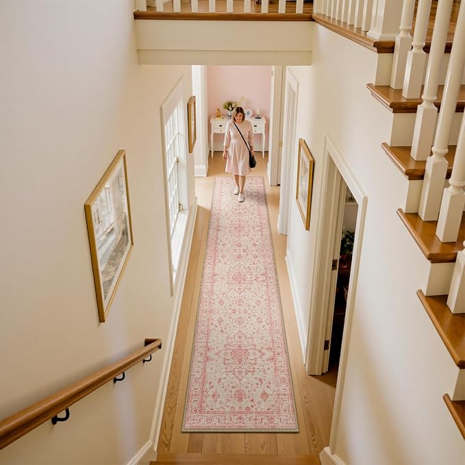RELEANY Area Rugs Runner 2'x8' Washable Non-Slip, Floral Vintage Distress Medallion Carpet for Kitchen Hallway Bedroom Beside Laundry Room Bathroom, Pink Light Vintage Pink
