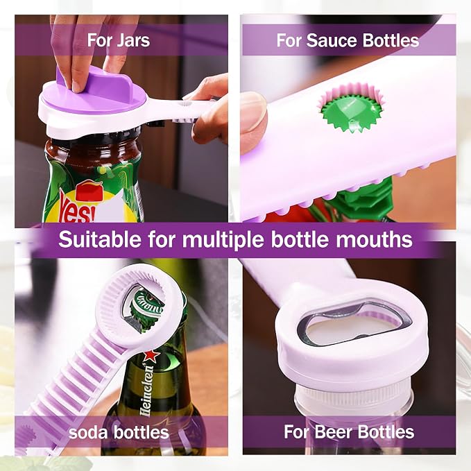 2026 Adjustable 4‑in‑1 Jar Opener with Red Wine Corkscrew & 2 Can Openers, Jar Opener for Seniors and Weak Hands, Perfect for Kitchen Jars,Bottles & Beer Caps (purple）
