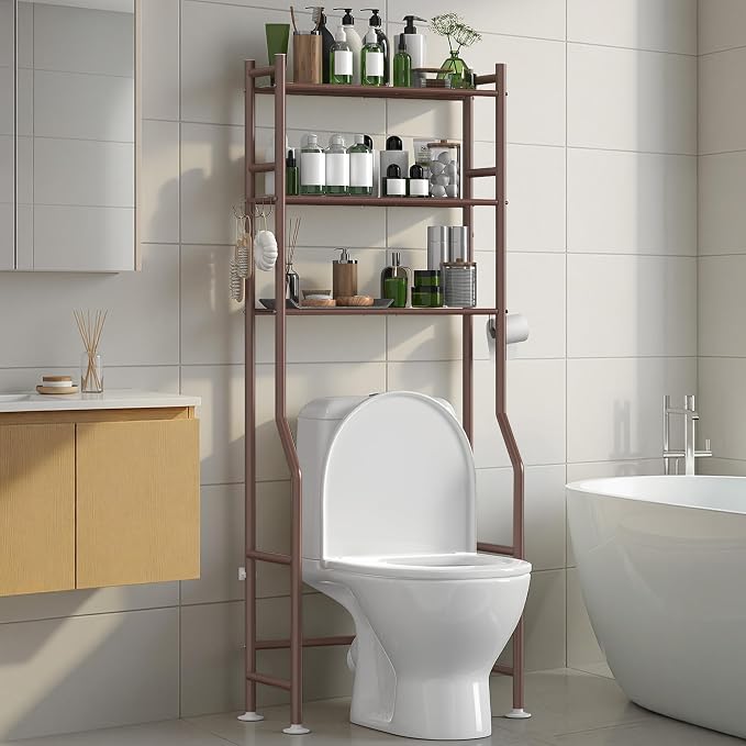 3-Tier Over The Toilet Storage Organizer, Space-Saving Bathroom Rack with Paper Holder & 4 Hooks, 64" Tall Freestanding Carbon Steel Shelf for Small Apartment Laundry Room (Bronze)