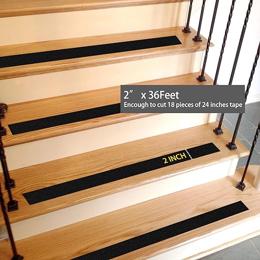 Grip Tape - Heavy Duty Anti Slip Tape, Grip Tape Grit Non Slip for Stairs Outdoor/Indoor, Waterproof High Traction Stairs Non Skid Treads, Durable Triple Layer Adhesive - Black (2 Inch x 36 Feet)