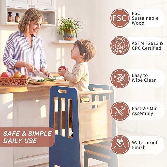 WINGYZ Toddler Tower - Anti-Tip Natural Wood Learning Stool Helper for Kids 18M-6Y, 150lb Capacity Kitchen Stool with 3-Height Adjustable Platform and Sliding Door Access, 20lb Portable Design, DK BLU