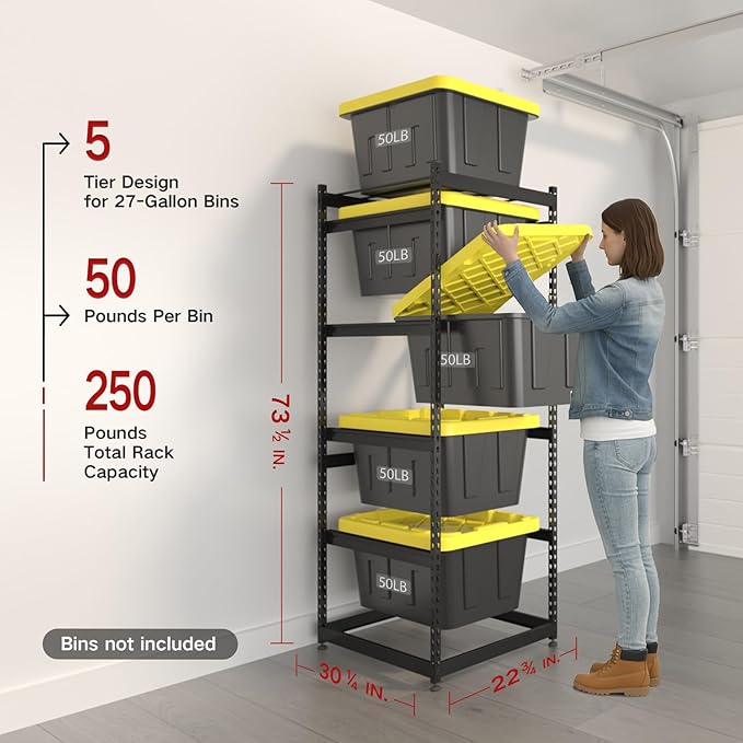 27 Gallon Tote Storage Rack, Heavy-Duty Storage Bin Rack Organizer, 5-Tier Standing Storage Bin Shelves, 250 lb Capacity, Maximize Space for Garage, Warehouse, Utility, 1 Pack Pro(Totes Not Included)
