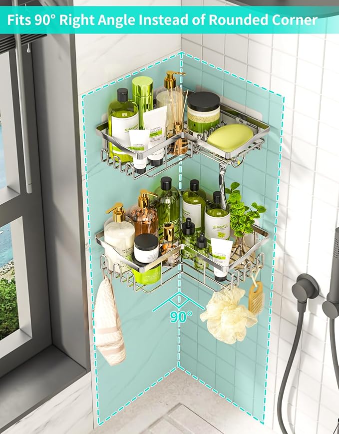 HapiRm Corner Shower Caddy Organizer - Shower Organizer Corner with Shampoo Holder and 11 Hooks, Rustproof Bathroom Shelf for 90° Right Angle - Silver