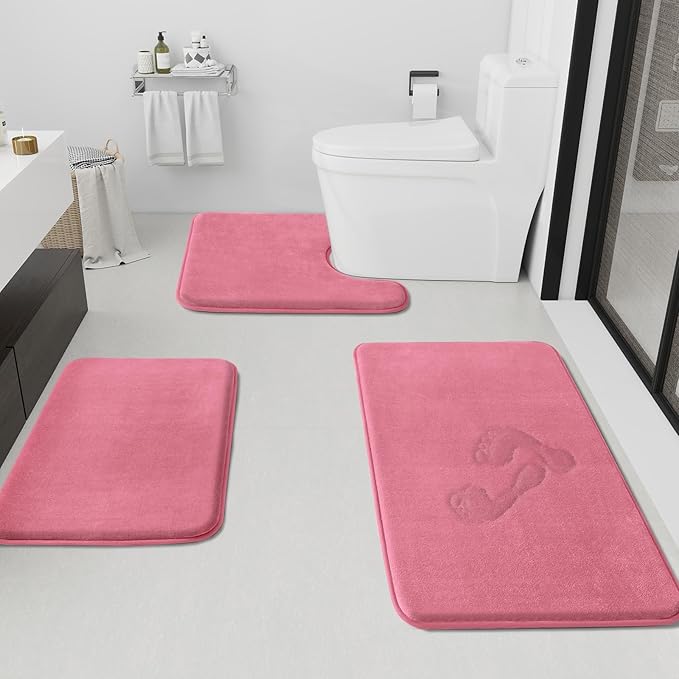 HUXMEYSON Bathroom Rugs Sets 3 Piece, Non-Slip & Quick Dry Bath Mat Set, Ultra Soft Velvet Bath Rugs for Bathroom, Toilet and Shower Floor, Pink
