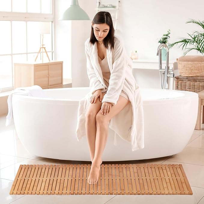 Bamboo Bath Mat Bathroom Runner Long Large Rugs Floor Wood Shower Bathtub Waterproof Non Slip Accessories 16x48 Inch Easy to Clean, Natural Bamboo, 1 pc