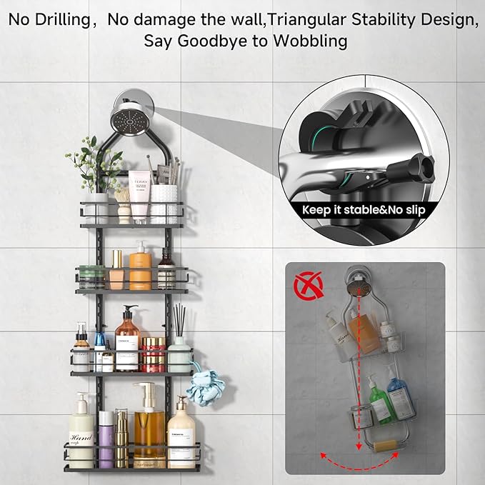 Shower Caddy Hanging Rustproof, 4 Tier Adjustable Hanging Shower Caddy Over Showerhead, No Drilling Handing Shower Racks for Bathroom Shampoo Soap Storage