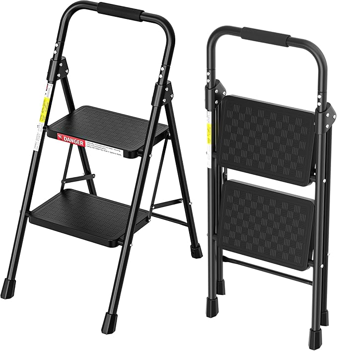 HBTower 2 Step Ladder, Folding Step Stool with Wide Anti-Slip Pedal, Step Stool Foldable with Cushioned Handle for Home and Kitchen, Black