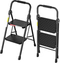 HBTower 2 Step Ladder, Folding Step Stool with Wide Anti-Slip Pedal, Step Stool Foldable with Cushioned Handle for Home and Kitchen, Black