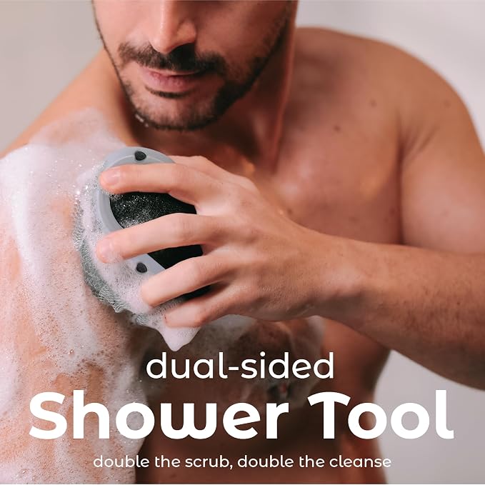 MainBasics Shower Tool Duo 2-1 Shower Loofah Sponge and Exfoliating Body Scrubber (2 Pack, Skyway)