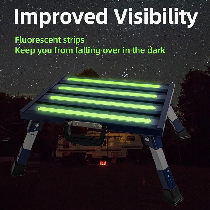 Aluminum RV Steps, 4-Level Adjustable Folding Step Stool with Non-Slip Rubber Feet, Non-Slip Fluorescent Strip Platform Rv Accessories, Supports Up to 1000 lbs - Blue