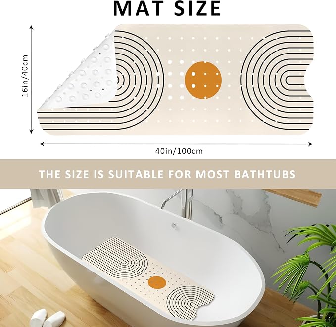 Rainbow Bathtub Mat Non Slip, Baby Bath Mat for Tub Rubber Tub Mat, Kids Bath Mats for Bathroom Modern Geometric Anti Slip Shower Mat with Suction and Drain Holes Machine Washable, 40″X16″