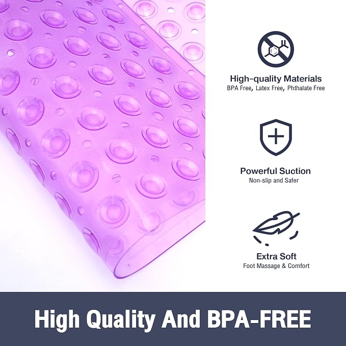 Square Shower Bathtub Mat Non Slip for Inside Shower Clear Purple 21x21 Inch, Shower Stall Mats for Bathroom Floor, Soft Bath Mat for Tub with Big Suction Cups Drain Holes, Easy Washable Dry