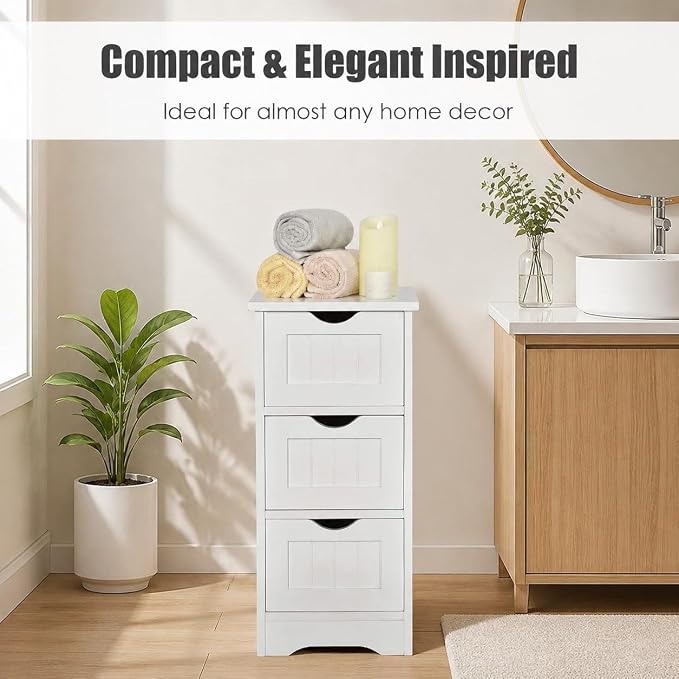Floor Cabinet with 3 Drawers, Freestanding Side Storage Organizer, Wooden Storage Cabinet for Bathroom Home Office Living Room(White)