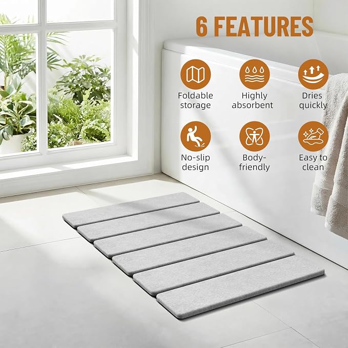 Luxspire Stone Bath Mat Foldable, Quick Drying Diatomaceous Earth Bath Mat for Bathroom, Large Bathroom Rug with Non-Slip Rubber Base, Stone Drying Mat for Kitchen Counter, 24 x 16 in, Light Gray